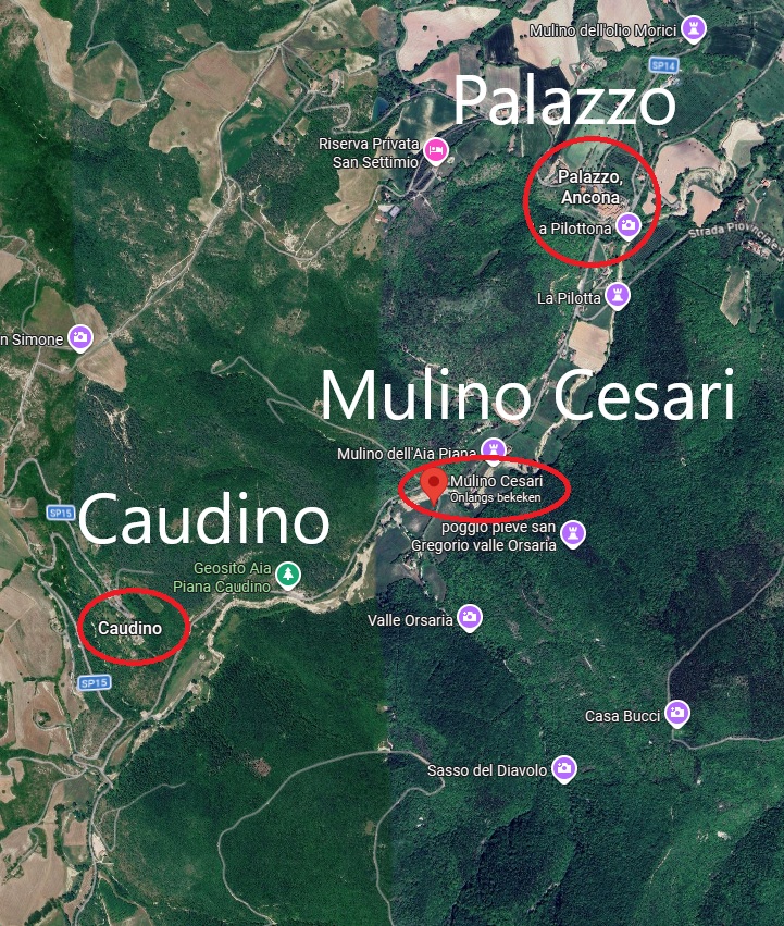 Posizione del Mulino Cesari tra Palazzo d'Arcevia e Caudino